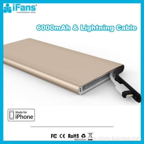 Private New Rohs Travel Power Bank 6000mAh ALuminium 3.4A Output Built in Original Connector